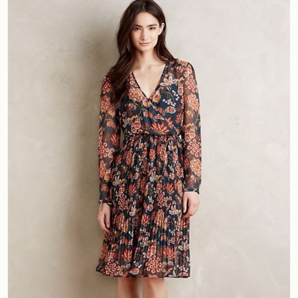 Anthropologie Maeve Floral Long Sleeve Dress Teal and Rust